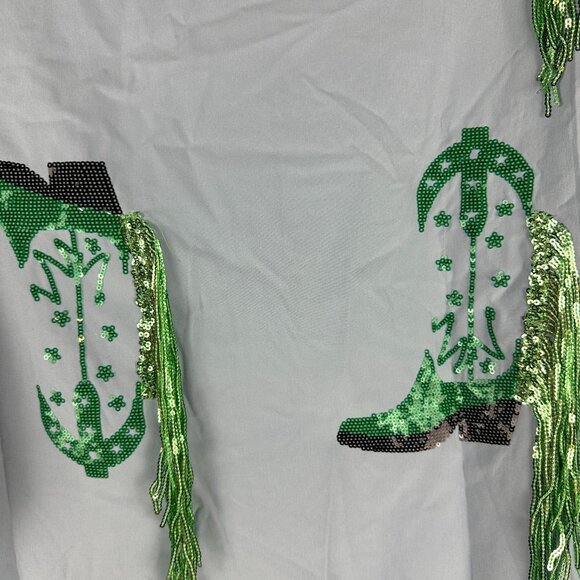 Blue B. Collection Western Style Button-Up Shirt Green Sequin Cowboy Boot Size S - Picture 3 of 7